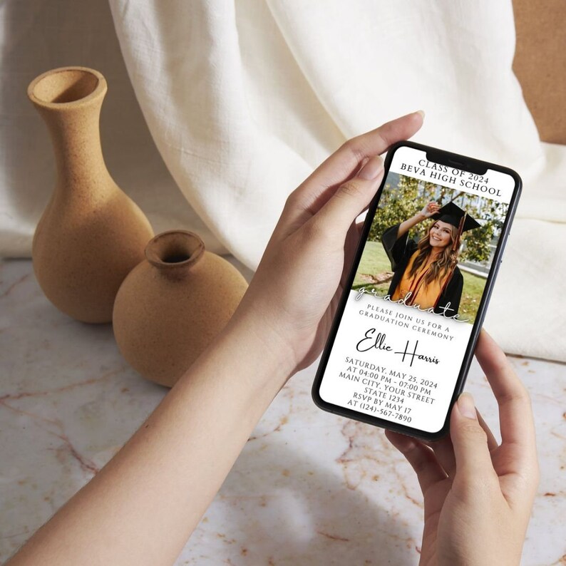 May include: A graduation invitation for Ellie Harris, Class of 2024, Beva High School. The invitation includes a photo of the graduate in a cap and gown, the date and time of the ceremony, and the location. RSVP by May 17th.