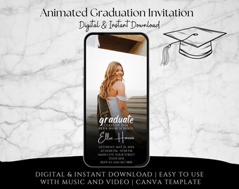 May include: Animated digital graduation invitation template with a photo of a graduate in a cap and gown. The text reads "graduate, Class of 2024, Beva High School, Ellie Harris, Saturday, May 25, 2024, at 04:00 PM - 07:00 PM, Main City, Your Street, State 1234, RSVP at (123)-567-7890".