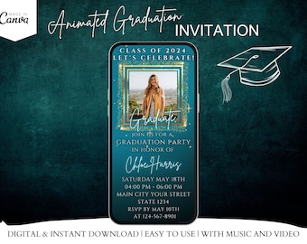 Teal Green Graduation Video Invitation, Editable Canva Template (Digital Download