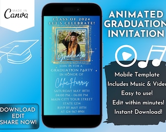 Plantilla elegante para invitación de graduación en video, invitación animada en azul claro y dorado, diseño editable para móviles en Canva, descarga digital para la promoción de 2026.