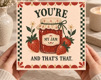 Youre My Jam Strawberry Card Printable, Cute Love Card, Funny Food Pun Anniversary Valentine Card, Retro Folk Art Digital Download