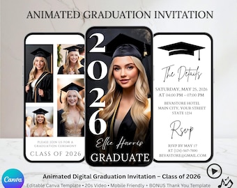 Photo Collage Graduation Invitation Template, Minimalist Graduation Ceremony Announcement, Modern Mobile Grad Evite, Editable Canva Invite