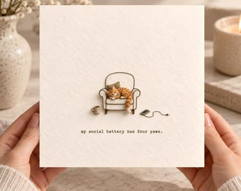 Funny Cat Card Printable, Introvert Greeting Card, Cat Lover Gift, My Social Battery Has Four Paws, Digital Download Pet Card