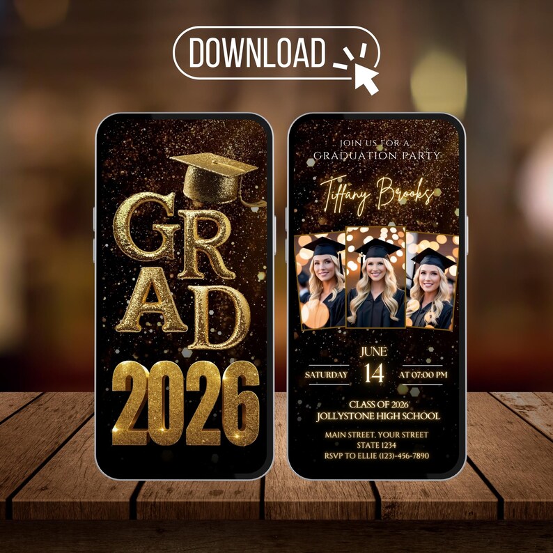 Neon Gold Glitter Photo Collage Graduation Video Invitation 2027, Digital Luxury Grad Invite, Animated Senior Grad Canva Evite image 10