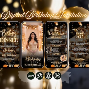 Glamouröse Geburtstags-Videoeinladung, bearbeitbare Golddinner Invite (Digitaler Download)