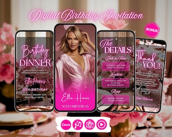 Pink Floral Birthday Dinner Evite: Glamorous Animated Invitation (Digital Download)
