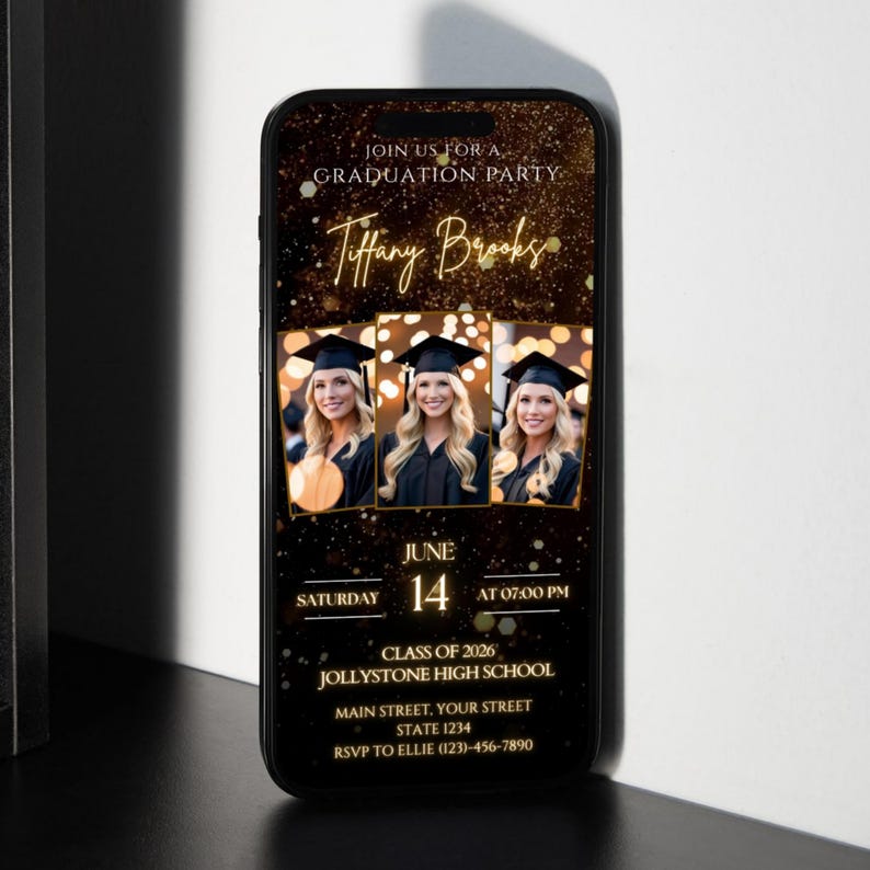 Neon Gold Glitter Photo Collage Graduation Video Invitation 2027, Digital Luxury Grad Invite, Animated Senior Grad Canva Evite image 3
