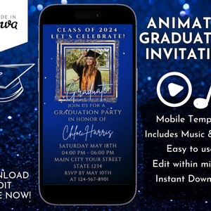 Digital Animated Video Invitation Luxury Gold Blue Template, Graduation Party Announcement Elegant Senior Celebration Design, Class Of 2026