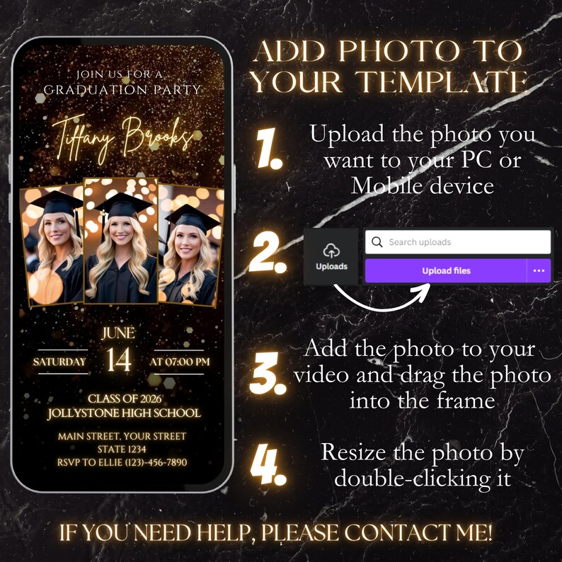 Neon Gold Glitter Photo Collage Graduation Video Invitation 2027, Digital Luxury Grad Invite, Animated Senior Grad Canva Evite image 7