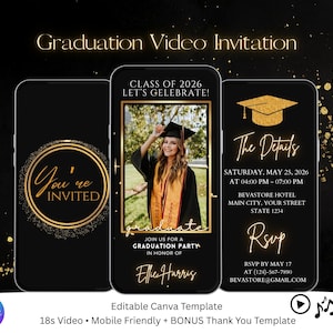 2026 Digital Animated Gold Graduation Party Video Invitation Template, College Graduation Announcement, High School Graduation Text Invite