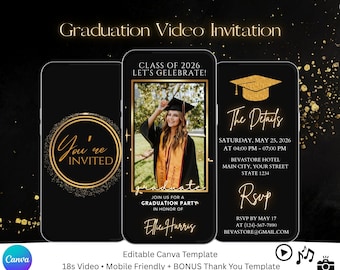 2026 Digital Animated Gold Graduation Party Video Invitation Template, College Graduation Announcement, High School Graduation Text Invite