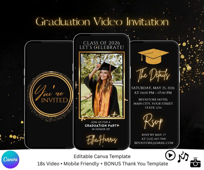 2026 Digital Animated Gold Graduation Party Video Invitation Template ...