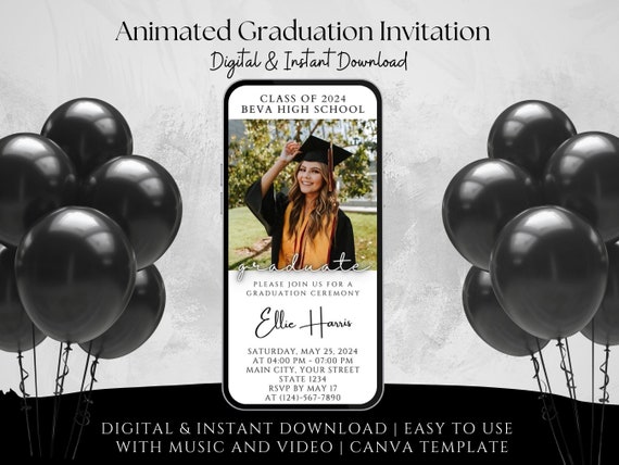 2026 Animated Graduation Invitation Video, Modern Black and White Graduation, Editable Canva Template, Modern Graduation Announcement Invite