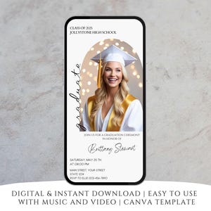 Minimalistische witte afstudeeruitnodiging 2025, elegante Canva bewerkbare video Save the Date for Her, moderne afstudeerceremonie digitale uitnodiging