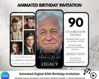 Geanimeerde video-uitnodiging 90e verjaardag, levensverhaal tijdlijn diavoorstelling uitnodigen, ouderling Celebration Tribute Legacy-thema, digitale download DIY