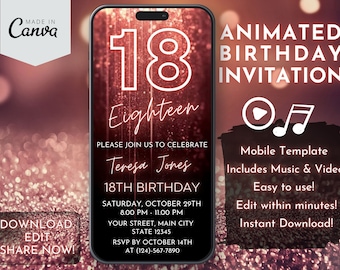 Rose Gold Glitter 18th Birthday Animated Invitation (Digital Download)