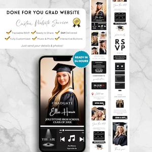 Puede incluir: Anuncio de graduación digital con una foto de un graduado con birrete y toga. El anuncio incluye detalles de RSVP, una cuenta regresiva y un reproductor de música. El texto incluye "Done For You Grad Website" y "Ready in 24 Hours."