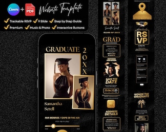 Luxury Graduation Website Template Black & Gold, Editable Canva RSVP Invite, Class of 2026 Grad Party Website, Glam Graduation Invitation