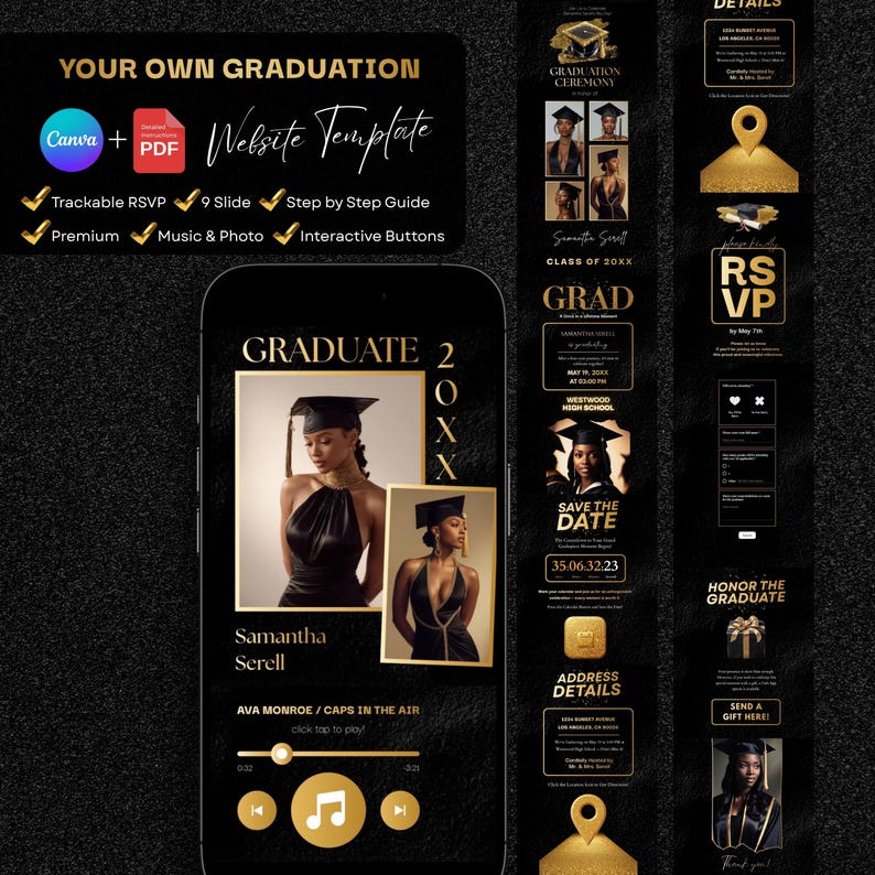 Luxury Graduation Website Template Black & Gold, Editable Canva RSVP ...