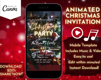 Red & Gold Christmas Party Invitation, Animated Holiday Video Template, Festive Digital Canva Design, Elegant Xmas Celebration Invite