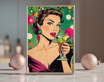 Pop Art Christmas Cocktail Woman Wall Art, Retro Holiday Party Print, Digital Vintage Festive Illustration Art, Glam Martıni Girl Decor Gift