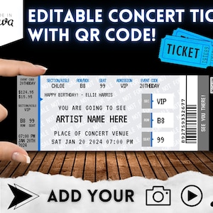 Bearbeitbare Konzertkartenvorlage mit QR-Code, Überraschungs-Geburtstagsgeschenk, Sofort-Download, personalisiertes Veranstaltungsticket, druckbares Ticketgeschenk
