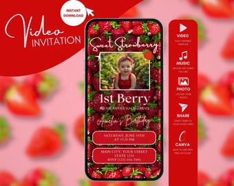 Aardbei eerste videoverjaardagsuitnodiging, Sweet Berry-feestuitnodiging, bewerkbare canvassjabloon, babymeisje 1e verjaardag digitale download