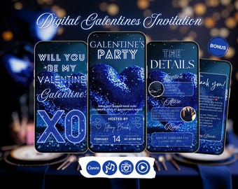 Galentine's video-uitnodiging voor feest, chique blauwe cocktail, bewerkbare canvassjabloon (digitale download)