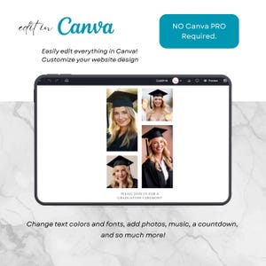 May include: A digital tablet displays a graduation ceremony invitation template. The template features four photos of women in graduation caps and gowns. Text on the screen reads "Please join us for a graduation ceremony." The Canva logo and text are visible.