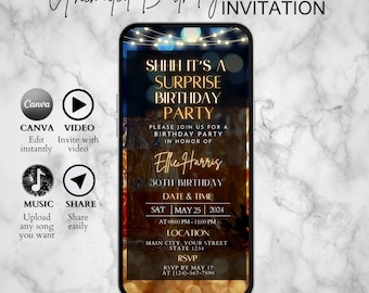 May include: A digital birthday invitation with a gold and black design. The invitation features a photo of a bonfire with string lights and the text "SHHH IT'S A SURPRISE BIRTHDAY PARTY". The invitation also includes the name "Ellie Harris", the date "May 25, 2024", and the time "8:00 PM - 11:00 PM".