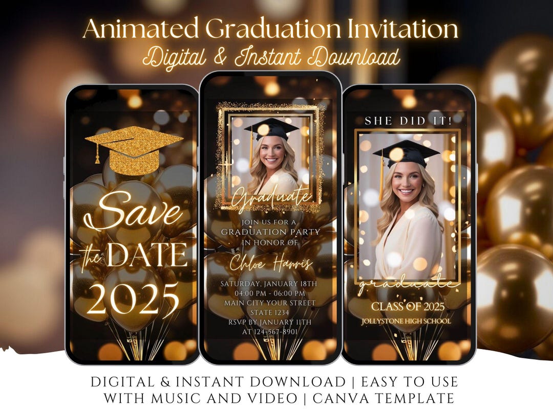 Luxury Graduation Video Invitation 2026, Animated Party Invite, Gold ...