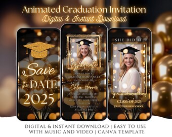 Luxe video-uitnodiging afstuderen 2026, geanimeerd feestuitnodiging, gouden ballon elegant ontwerp, glamoureuze Grad-viering, digitale download
