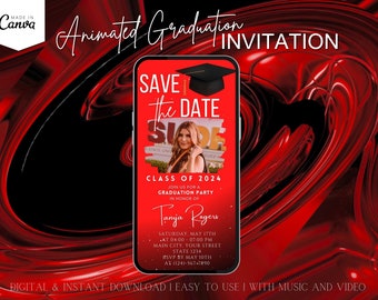 Animated Video Invitation Red Black Glossy Template, Save The Date Party Announcement Modern Senior Celebration Design, Class Of 2026 Photo