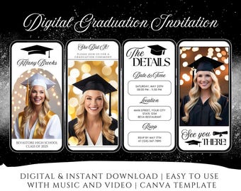 May include: A digital graduation invitation template with a black and white design. The template features a photo of a graduate in a cap and gown, a section for the graduate's name, and a section for the details of the graduation ceremony. The text "She Did It!" is displayed in a gold box. The text "See you there!" is displayed in a black box with a graduation cap and diploma.