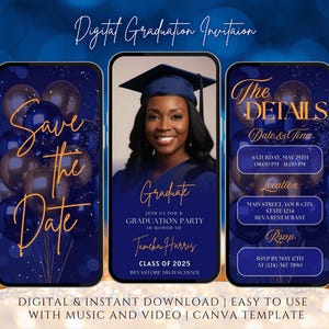 Royal Blue & Gold-uitnodiging voor afstudeerfeest 2025, elegante digitale afstudeeraankondiging, uitnodiging voor haar, moderne canvas bewerkbare Save the Date