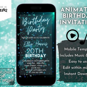 Può includere: Modello di invito di compleanno animato per una festa di compleanno di 20 anni. Il modello presenta uno schema di colori blu e verde con uno sfondo scintillante. Il testo sul modello recita "Birthday Party" e "Please join us to celebrate Ellie Harris 20th Birthday". Il modello include anche la data, l'ora e il luogo della festa. Il modello è progettato per essere utilizzato su un dispositivo mobile e include musica e video.