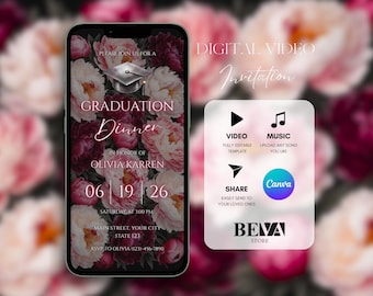 Digital Floral Graduation Dinner Invitation Video, Pink Peony Grad Party Invite, Elegant Class of 2026 Canva Template, Luxury Dinner Evite