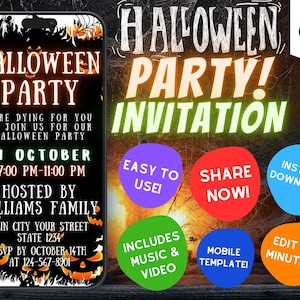 Digital Halloween Party Invitation Template, Halloween Invitations, Halloween Party Mobile Invite, Editable Template, Instant Download