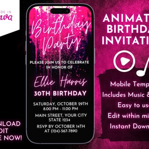 Pink Birthday Party Video Invitation, Electronic Birthday Invite, Editable Template, Women Birthday, Text Evite, Digital Invitation, Any Age