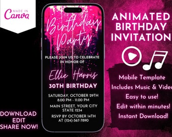 Neon Pink Geburtstagsparty - Video-Einladung: Bearbeitbare Vorlage (Digitaler Download)