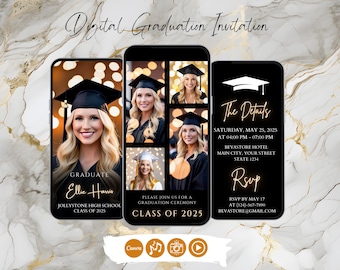 Digital Graduation Video Invitation Template, Luxury Gold Photo Collage Design, Editable Canva Mobile Invite, Class of 2026 Instant Download