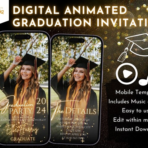 Invitation vidéo animée tendance fête de remise des diplômes néon or scintillant modèle canva promotion 2026 avec photo, téléchargement numérique entièrement modifiable