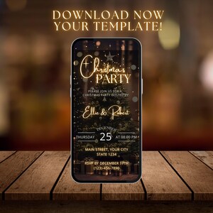 May include: A smartphone displays a Christmas party invitation. The invitation features gold text that reads "Christmas Party" and includes details like the date, time, and RSVP information. The background is a blurred image of a Christmas tree.