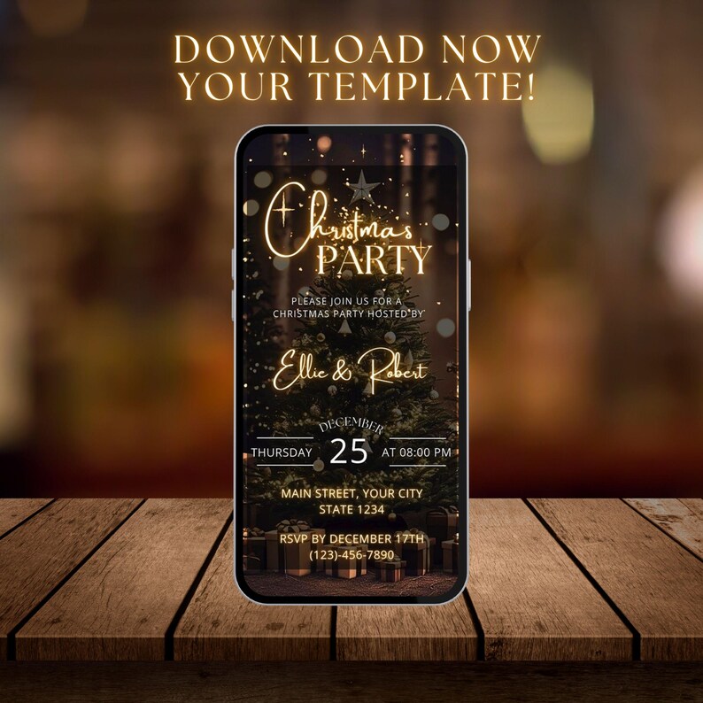 May include: A smartphone displays a Christmas party invitation. The invitation features gold text that reads "Christmas Party" and includes details like the date, time, and RSVP information. The background is a blurred image of a Christmas tree.