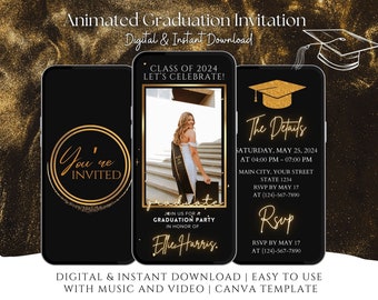 2025 Digital Animated Gold Graduation Party Video Invitation Template, College Graduation Announcement, High School Graduation Text Invite