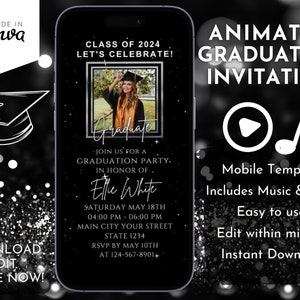 2025 Graduation Party Invitation: Black & White Neon, Editable Template (Digital Download)
