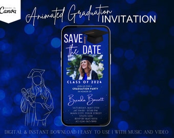 2026 minimalistische blauwe afstuderen Save the Date video-uitnodiging, eenvoudige geanimeerde sjabloon, bewerkbare Canva mobiele uitnodiging Instant Download DIY