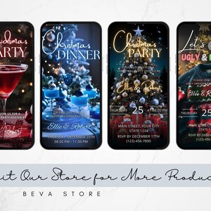 May include: Four smartphone screens displaying Christmas party invitations. The first shows a red cocktail, the second blue cocktails, the third a Christmas tree, and the fourth a sweater. Each invitation includes event details.