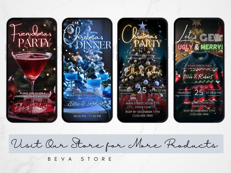 May include: Four smartphone screens displaying Christmas party invitations. The first shows a red cocktail, the second blue cocktails, the third a Christmas tree, and the fourth a sweater. Each invitation includes event details.