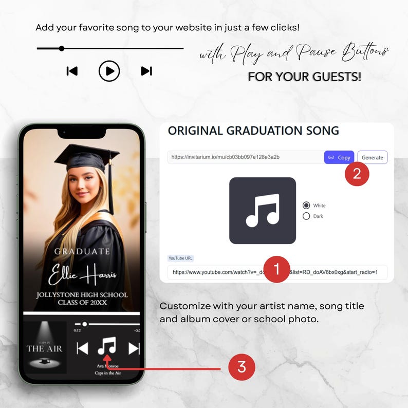 May include: A smartphone displays a graduation announcement with a photo, song controls, and text. The text reads "Add your favorite song to your website in just a few clicks!" and "Customize with your artist name, song title and album cover or school photo."